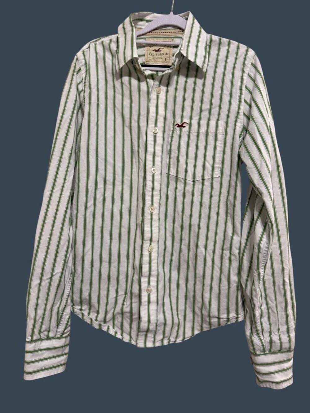 Hollister Green White Striped LS Shirt Sz S Men's